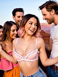 Young woman in pink lingerie surrounded by eager men in Copper Canyon at twilight
